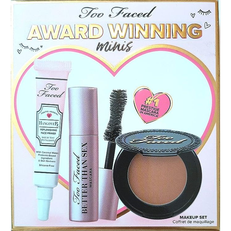 Introducing the Award-Winning Minis Makeup Set, a delightful collection of three mini-sized beauty essentials from the renowned brand, Too Faced. This set features three highly acclaimed products that have gained much recognition in the cosmetics industry – Hangover Face Primer, Better Than Sex Mascara, and Chocolate Bronzer.