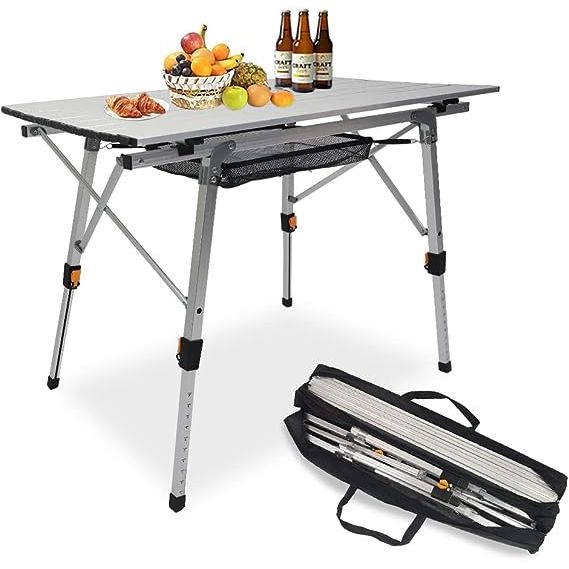 The folding camping table is perfect for any outdoor or indoor activity. Its compact size makes it easy to transport and store, with folded dimensions of L35.83" x W4.33" x H11.02". The table is lightweight, weighing around 8.6lbs, making it convenient to carry to your desired location.