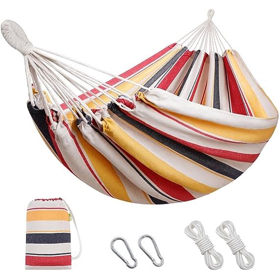 The Double Hammock with 9.8FT2 Rope is a portable hammock designed to accommodate two individuals. It comes with a carrying bag, making it convenient to transport and store. This hammock is suitable for a variety of environments, including patios, backyards, porches, and both outdoor and indoor spaces.
With its dimensions of 9.8FT2, this double ham