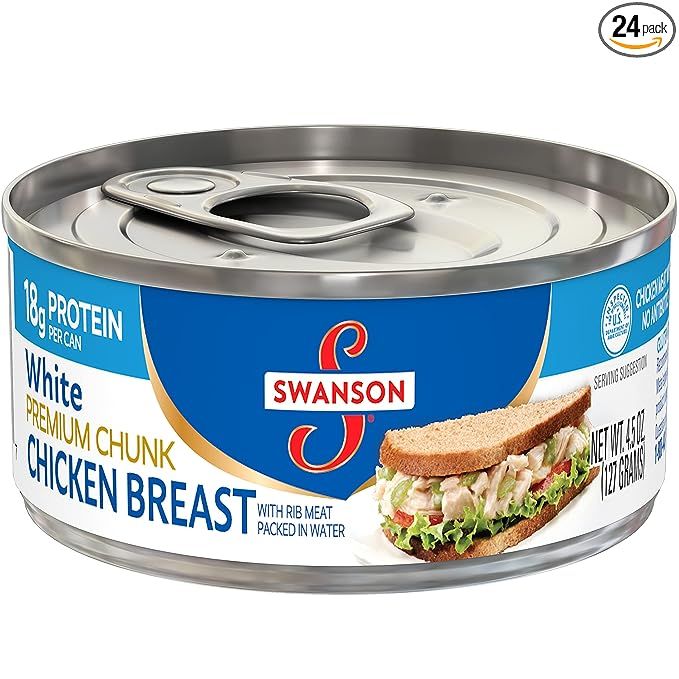 Looking for a convenient and versatile food product that offers fully cooked, high-quality chicken? Look no further than Swanson White Premium Chunk Canned Chicken Breast in Water. Each can contains 4.5 ounces of tender and flavorful chicken breast, and a case includes 24 cans for your convenience.