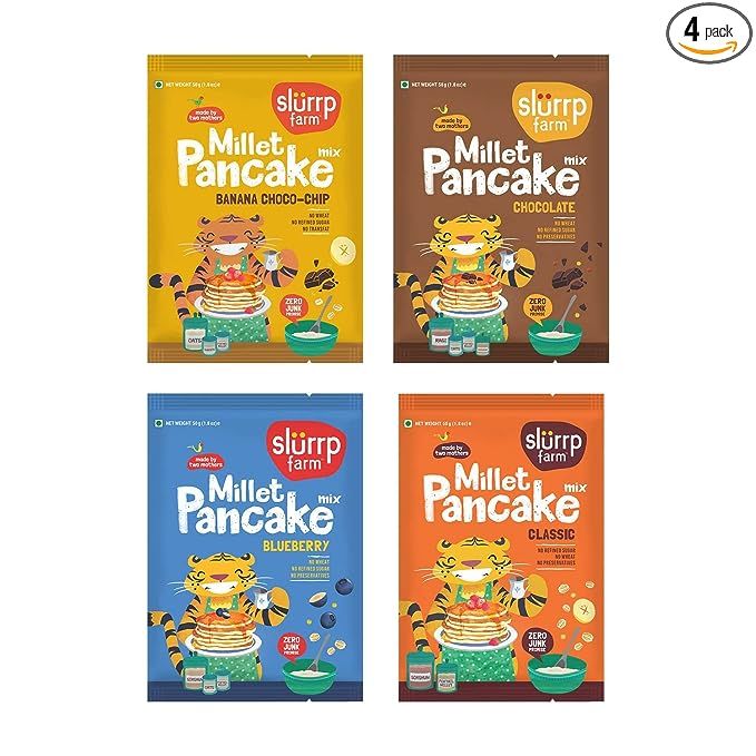 Slurrp Farm No Maida Pancake Trial Pack Combo is a nutritious breakfast mix that offers a healthy and instant alternative to traditional pancakes. This combo contains a mix made with three main ingredients: oats, ragi, and jowar. 
Oats are a whole grain that is rich in fiber, antioxidants, and various important vitamins and minerals.