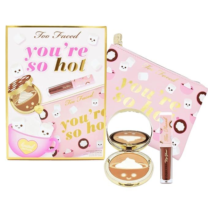 Too Faced You’re So Hot Bronzer and Lip Gloss Set:: Hot Cocoa Face Bronzer, Christmas Cocoa Lip Injection Power Plumping Lip Gloss, and Makeup Bag image