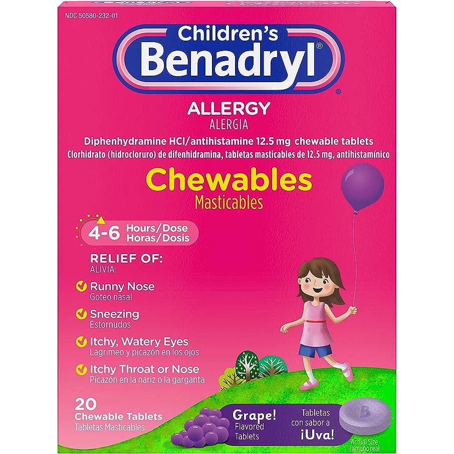 Benadryl Children's Allergy Chewables with Diphenhydramine HCl are specially formulated chewable tablets that provide effective relief from allergy symptoms in children. Designed with children in mind, these tablets alleviate common symptoms like sneezing, itchy eyes, runny nose, and itching caused by hay fever or other respiratory allergies.