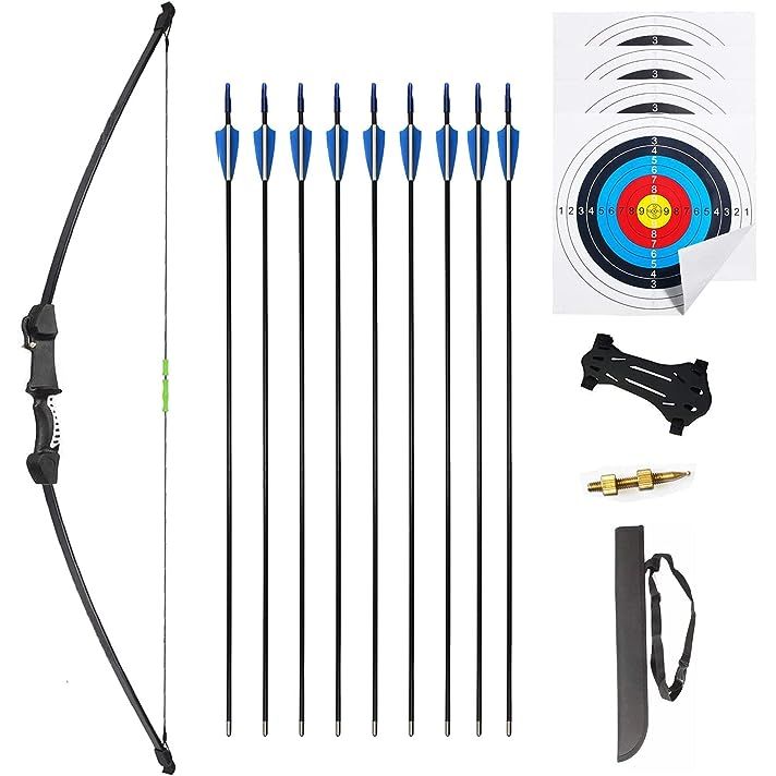 The iMay 45" Recurve Bow and Arrows Set is an excellent option for outdoor archery beginners, specifically designed for teens. This longbow kit includes a 45-inch recurve bow, nine arrows, four target face papers, and has a draw weight of 18 lbs.
The recurve bow is a popular choice for beginners due to its simplicity and ease of use. Its design fea