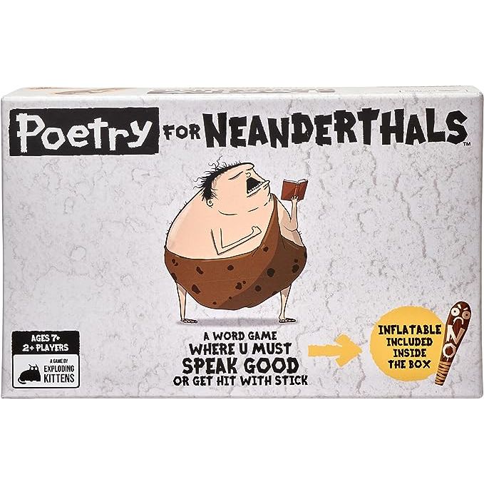 Introducing Poetry For Neanderthals, a hilarious and competitive word-guessing card game from the makers of Exploding Kittens. Prepare for a linguistic challenge like no other as players must convey clues using only single-syllable words. But beware! Should you dare to utter a complex word, prepare to be comically whacked on the head with a massive