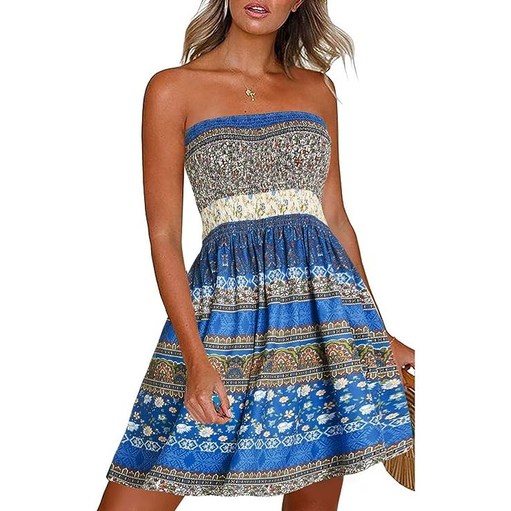 1 CHICGAL Summer Dresses for Women Beach Cover Ups Strapless Boho Floral Print Sundress