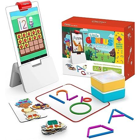 The Osmo Little Genius Starter Kit for Fire Tablet is a fun and educational toy designed for children ages 3 to 5+. It includes six interactive games that help children learn essential skills such as early math, early reading, fine-motor skills, attention to detail, social-emotional skills, imagination, critical thinking, and problem-solving.