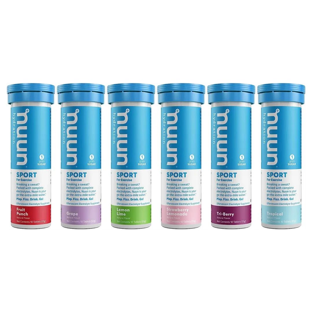 Nuun Sport offers athletes and active individuals a convenient way to stay hydrated and replenish electrolytes during workouts with their electrolyte drink tablet variety pack. Each box contains 10 tablets in flavors like fruit punch, tri-berry, and lemon lime, providing a total of 60 servings.