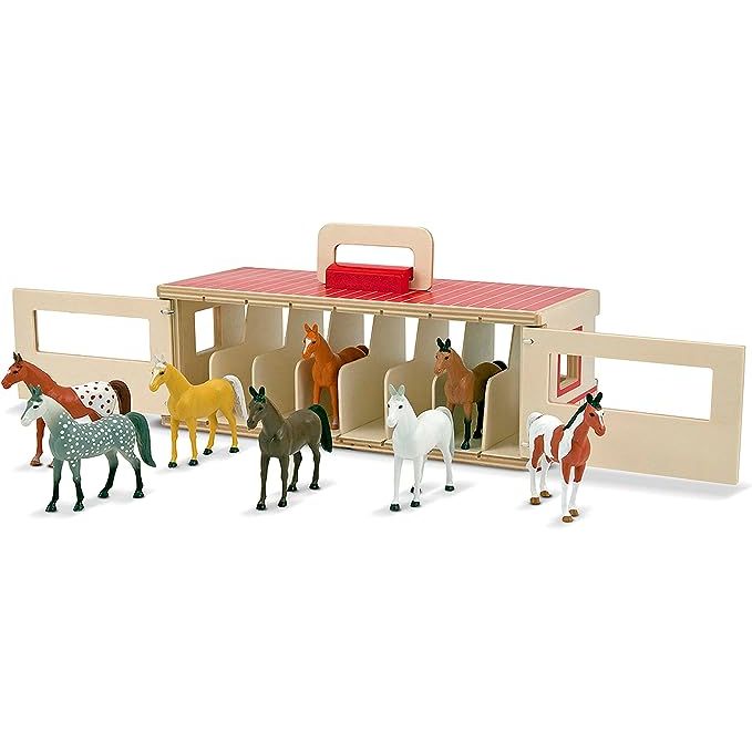 The Melissa & Doug Take-Along Show-Horse Stable Play Set not only encourages imaginative play and storytelling but also aids in the development of fine motor skills. Children can manipulate the sturdy wooden stable door and position the horses, practicing dexterity and coordination. Additionally, this play set fosters a love for animals, specifically horses, nurturing empathy towards them and promoting appreciation for nature.