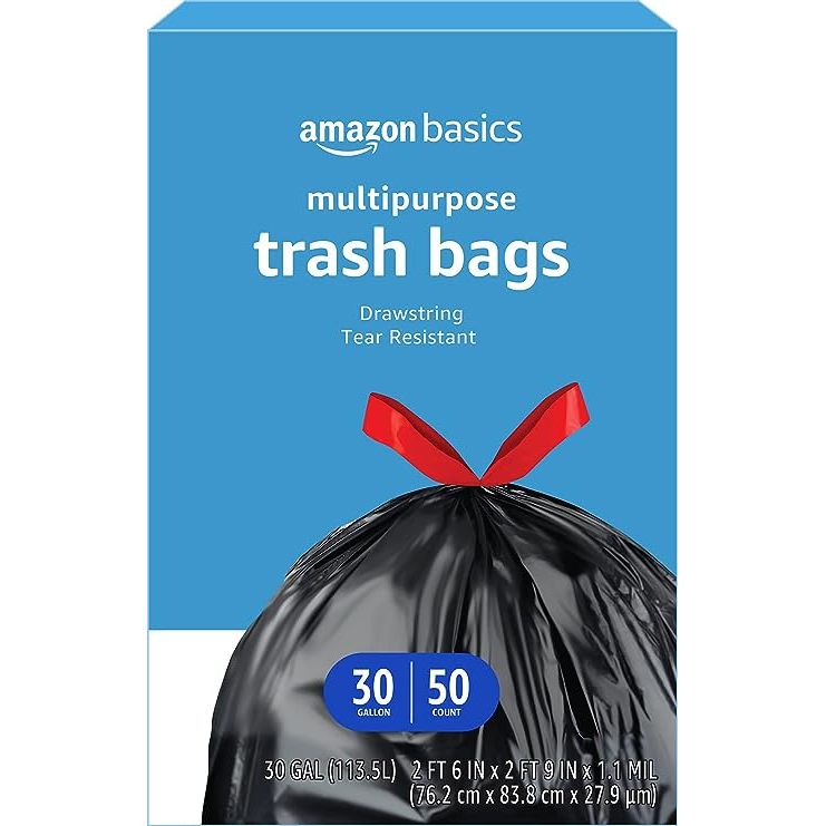 1 Amazon Basics Unscented 30 Gallon Drawstring Trash Bags, 50 Count