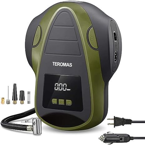 The TEROMAS tire inflator is a versatile and convenient tool that can be used anywhere. It features both an AC/DC outlet, with a 12V car cigarette light plug and a 110/120V wall plug, making it perfect for use in cars, RVs, motorcycles, bikes, and even at home. It also comes with 3 additional adaptors, allowing you to inflate a wide range of items 