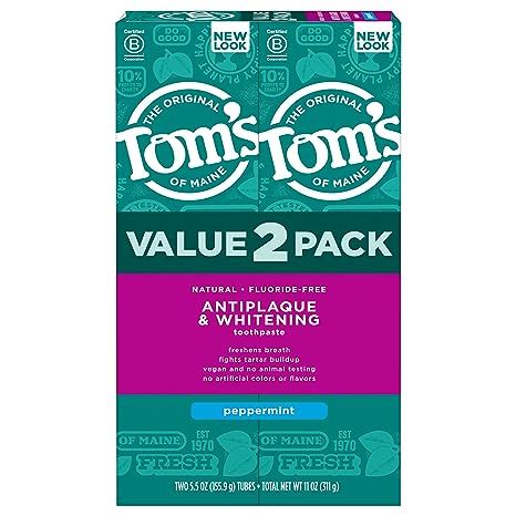 Tom's of Maine Fluoride-Free Antiplaque & Whitening Natural Toothpaste, Peppermint, 5.5 oz. 2-Pack (Packaging May Vary) is a highly sought-after dental care product that boasts a plethora of benefits for oral hygiene. Crafted by the renowned eco-friendly brand, Tom's of Maine, this toothpaste is revered for its natural ingredients and effective cle