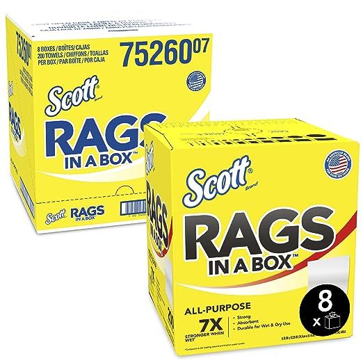 Introducing Scott Rags in a Box, All Purpose: the go-to solution for all your project needs. Each case contains 8 boxes, with a total of 1,600 disposable shop rags. These absorbent towels are designed to feel and perform like a cloth, providing you with a top-notch cleaning experience.