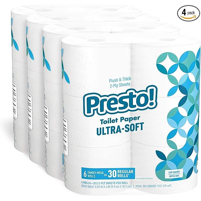 Introducing the Presto Ultra Strong Toilet Paper - the ultimate choice for those seeking quality and value. Each box contains 24 Mega Rolls, divided into 4 Packs of 6 Mega Rolls, making it the perfect staple for any household. With a staggering 120 ultra soft sheets per roll, this product offers more sheets per roll compared to the average toilet p