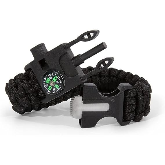 Introducing the 5-in-1 Survival Tools bracelet, a must-have for all outdoor enthusiasts. This bracelet is packed with 5 emergency tools including a Flint Fire Starter, Fire Scraper, Whistle, Parachute Cord, and Compass. With these essential tools at your disposal, you can always be prepared for any wilderness or outdoor adventure.