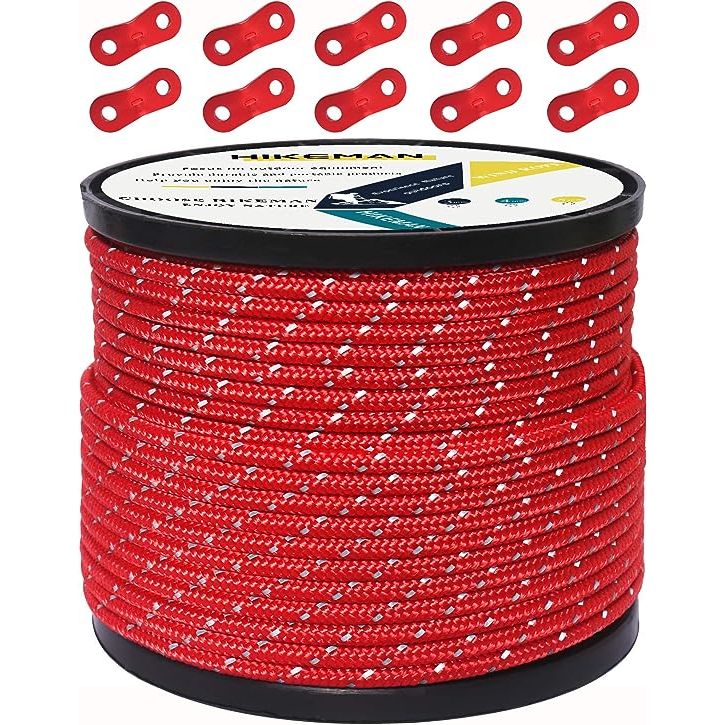 【Materials】Nylon(inner)+ Polyester(surface)+Reflective Cord,Combines the advantages of various materials,the windproof tent guy lines is Water, Moisture, UV, Weather Resistant,Great design for outdoor activities;【Package Included】 one tent rope with spool + 10 red cord adjusters;【Red Rope】1/6”(4mm)x164ft(50m),Weight :0.66kg with bobbin;can withstan