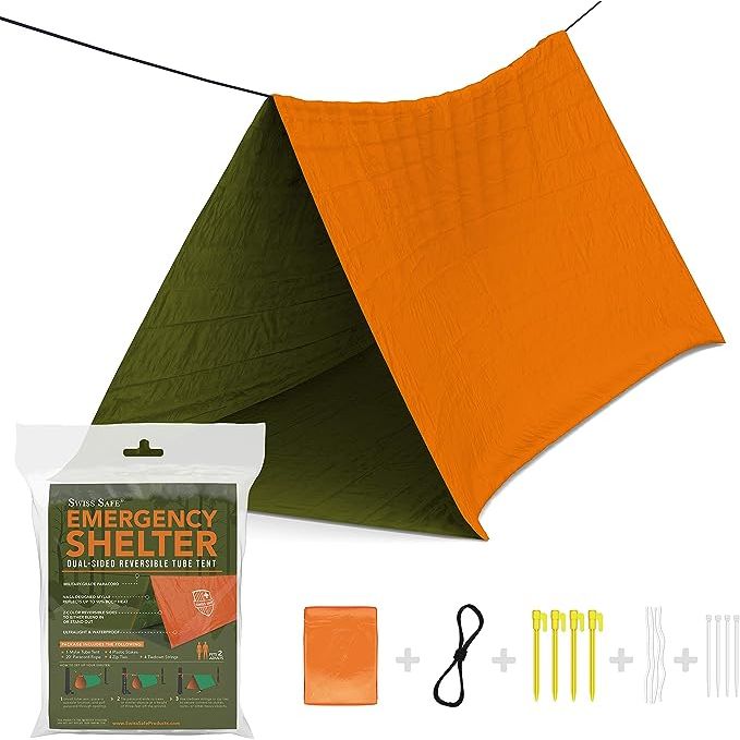 REVERSIBLE SIDES: Stand Out with High Visibility Orange or Blend in With Woodland Army Green.COMPLETE KIT: Includes Reusable Tent, Spikes, Zip-Ties, Tiedown Strings, and 20 ft 450-lb Paracord.MULTI-PURPOSE: Perfect for Camping, Hiking and Backpacking in All Weather Emergency Situations.DURABLE: Tear-Proof 8’ X 4’ Survival Tent Accommodates Two Adul