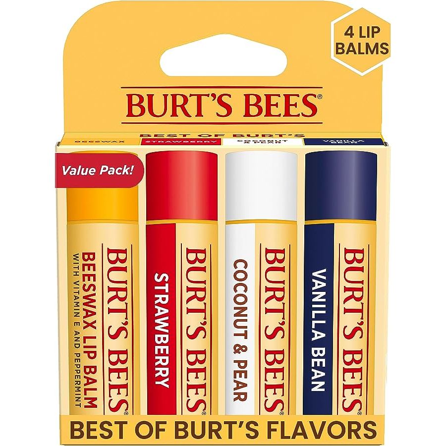 1 Burt's Bees Lip Balm, Moisturizing Lip Care, for All Day Hydration, 100% Natural, Original Beeswax, Strawberry, Coconut & Pear & Vanilla (4 Pack)