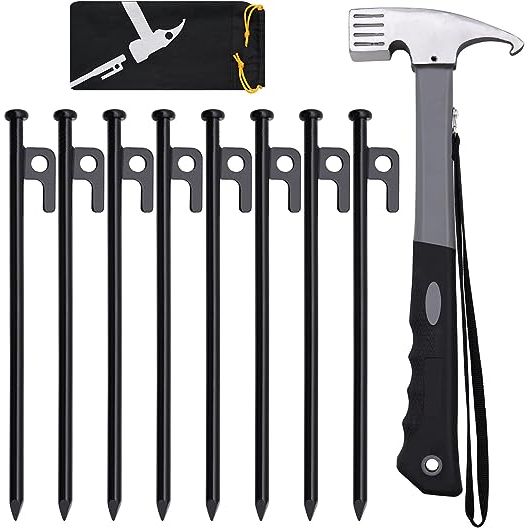 Introducing the ultimate Tent Hammer and Stakes Kit, designed for those who seek convenience and reliability in their camping adventures. This comprehensive package includes 8pcs of 10in tent stakes, a sturdy tent hammer, and a convenient storage bag. With this kit, setting up your tent has never been easier or more secure.