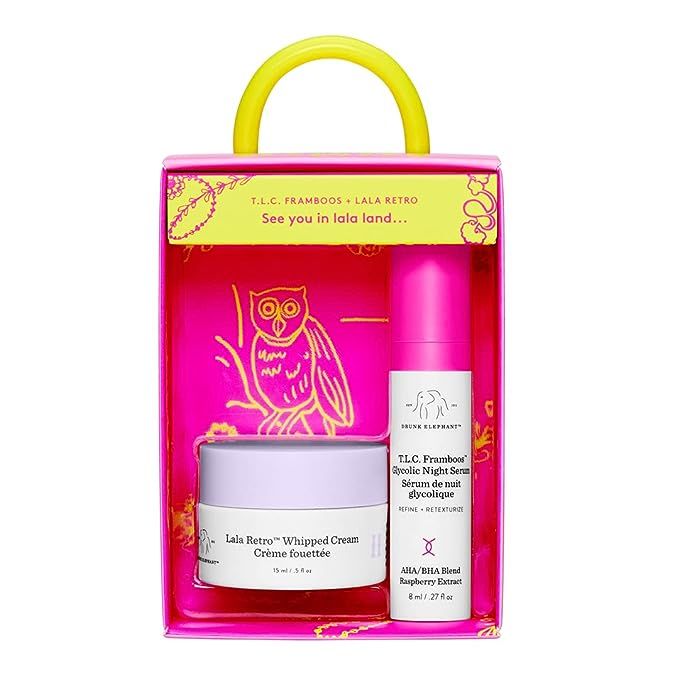 WHAT IT COMES WITH. Contains 1 T.L.C. Framboos Glycolic Night Serum (8ml/.27 fl oz), and 1 Drunk Elephant Lala Retro Whipped Cream (15ml/.5 fl oz)SKIN’S NIGHTCAP. A skin-refining glycolic serum that sweeps dead cells and debris away, paired with a barrier- supportive, cushy whipped cream to deeply moisturize and calm tired skin. Now go to sleep.