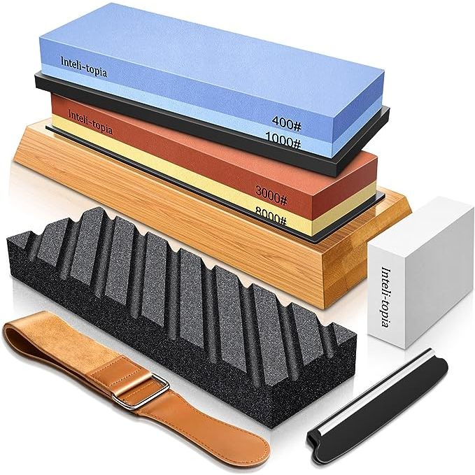 Introducing the Complete Knife Sharpening Stone Kit, designed to give you professional-quality results without the need for professional skills. With all the necessary tools and a practical instruction manual, this affordable set includes everything you need to sharpen your blades effectively. The kit features a dual-sided whetstone, with a 400/100