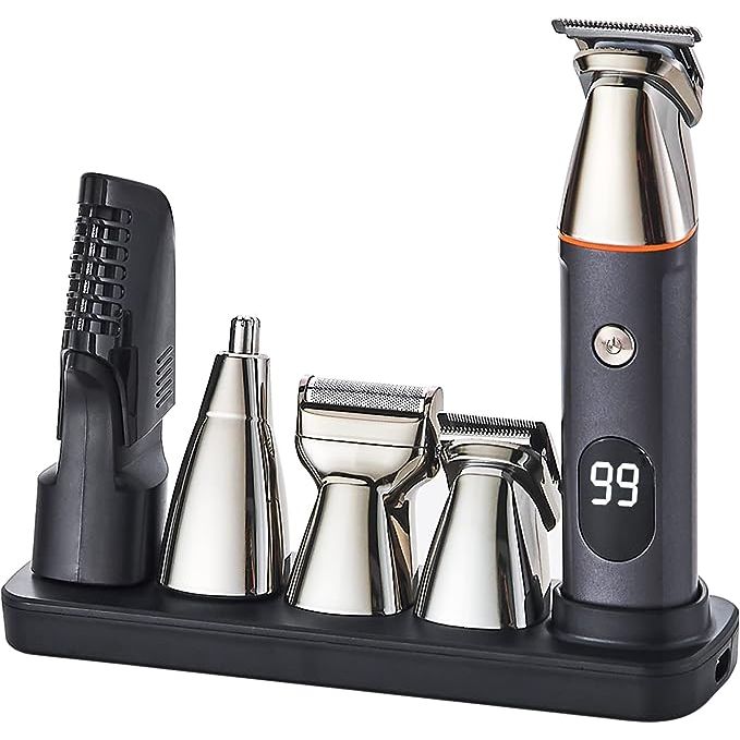 Introducing our all-in-one trimmer kit, designed to meet all of your grooming needs effortlessly. This versatile kit comes with 5 attachments, including a precision trimmer, micro shaver, full-size trimmer, body hair trimmer, and nose trimmer.