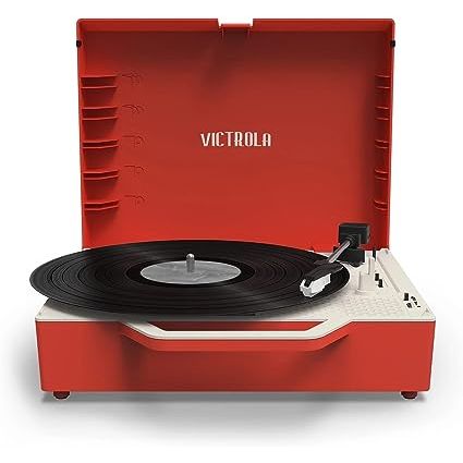 MODERN VINYL RECORD PLAYER WITH A RETRO VIBE - Experience the perfect blend of modern design and retro nostalgia with the Victrola Re-Spin Belt-Driven Suitcase Turntable. This sleek and stylish turntable features a custom-tuned Bluetooth speaker and a built-in bass radiator, delivering an impressive 3X more bass response than a standard suitcase re