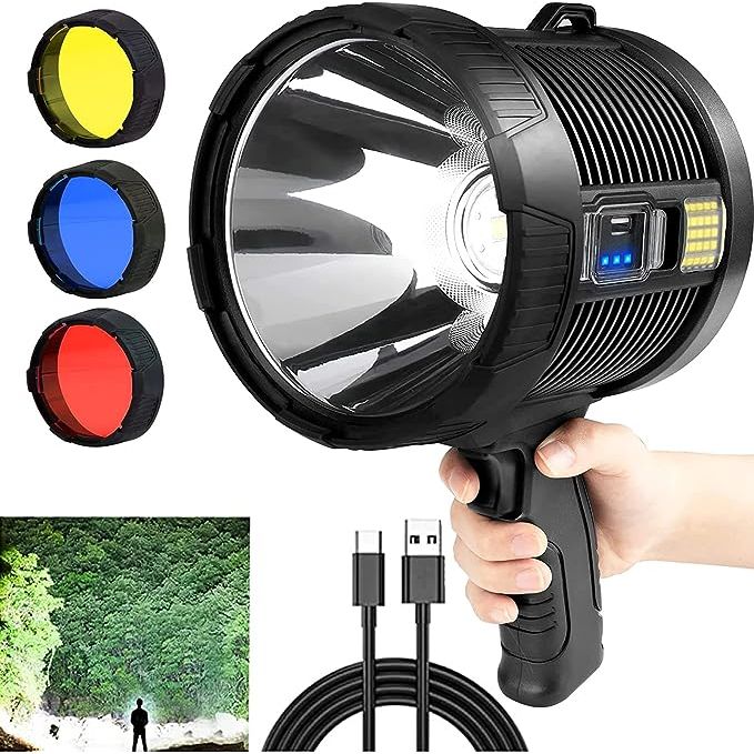 【300000 Lumens Super Bright Spotlight Flashlight】300000 high lumen LED handheld spotlight flashlight adopts upgraded XHP90.4 LED chips. The max beam distance is up to 1200 meters (3937 feet). The spotlight provides a super bright light in night.【6 Light Modes & 3 Colored Filters】 3 Front Main Light Modes: High, Low, Strobe.