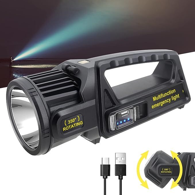 1 JSKNB 300000 Lumens Light Beam, Rechargeable LED Handheld Torch with 350° Rotating Head, 9 Modes Ultra Bright Outdoor Spotlight, Water-Resistant Solar Flashlight for Emergency Situations