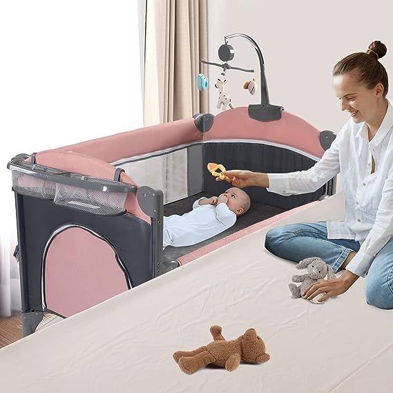 Multifunctional Design : .Our multifunctional baby crib has several modes to use: baby bedside sleeper, travel crib, baby cradleand playpen,baby cradle for 0-3 years old, and playpen for 0-6 years old, which can accompany your kids' growth.Bedside Bassinets:Co-sleeping position is available by adjusting lowering bars.