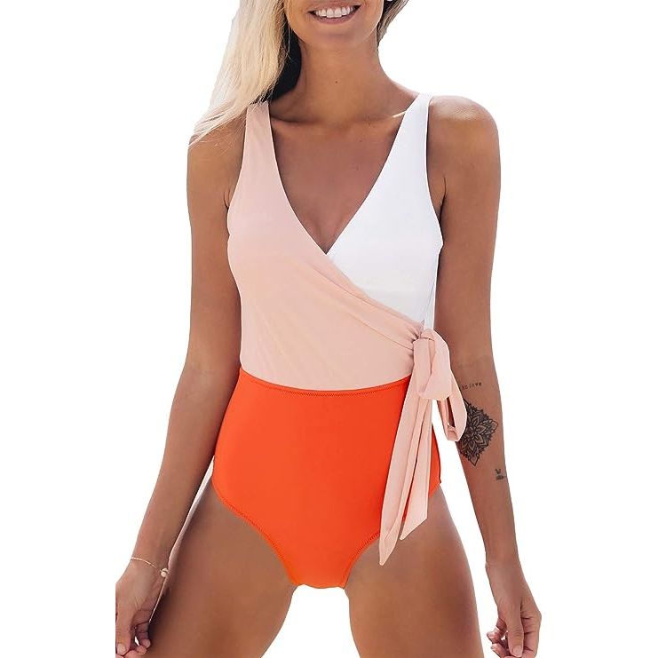 1 CUPSHO One-piece Swimwear Women's Color Block V-Neck Wrap-Tie