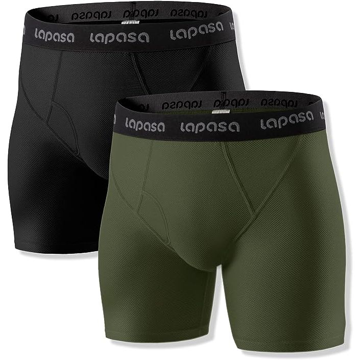 95% Nylon, 5% SpandexImportedMachine WashBREATHABLE AND MOISTURE WICKING - LAPASA mesh boxer briefs are made of an ultra-light mesh fabric and thus they provide an ergonomic fit.
