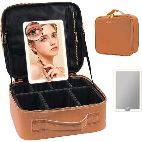 【Begin Your Portable Dresser】Large capacity cosmetics storage compartment, large makeup brush slots & zipper pocket area, small 20X magnifying mirror, detachable LED travel makeup mirror, 3 color scenes adjustable lights(Warm/Neutral/Cold) - meeting your desire to do make-up comfortably Whenever Wherever.