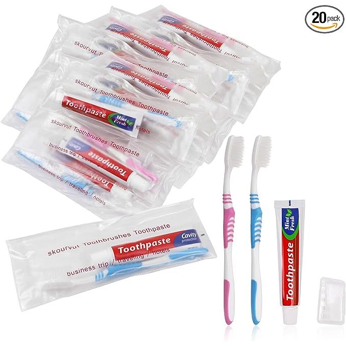 1、Personal Care Travel Kit: soft tooth brush, toothbrush head cover, 45gram toothpaste,plastic zip bag.2、Bulk toothbrush and toothpaste individually wrapped ensures that each toothbrush is clean and has never been used.Individually wrapped gives people a sense of security, so you can use it with confidence.