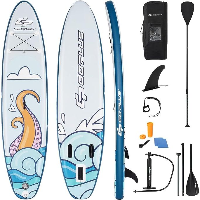 1 Goplus Air-Filled Upright Paddle Board, Portable SUP Board with Adjustable Paddle, Transport Bag Manual Pump Fix Kit Detachable Fin for All Proficiency Levels, 6-Inch Thickness