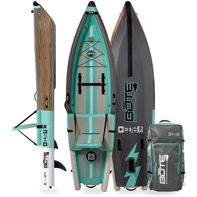 Choose the BOTE Deus Aero Inflatable Kayak & Stand Up Paddle Board with accessories for an enjoyable and convenient water experience. Its inflatable design, accompanied by the pump, fin, and travel bag, make it a versatile and easily transportable watercraft. Whether you're a seasoned paddler or a beginner, this watercraft is the perfect choice for your next adventure.