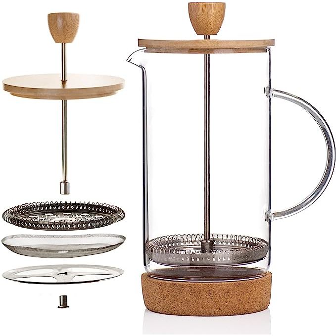 Furthermore, the French press is equipped with a cork base. This natural and non-slip material not only protects your countertops but also adds a rustic charm to the overall design. The cork base prevents any accidental slipping or tipping of the coffee maker, ensuring safety and stability during usage.