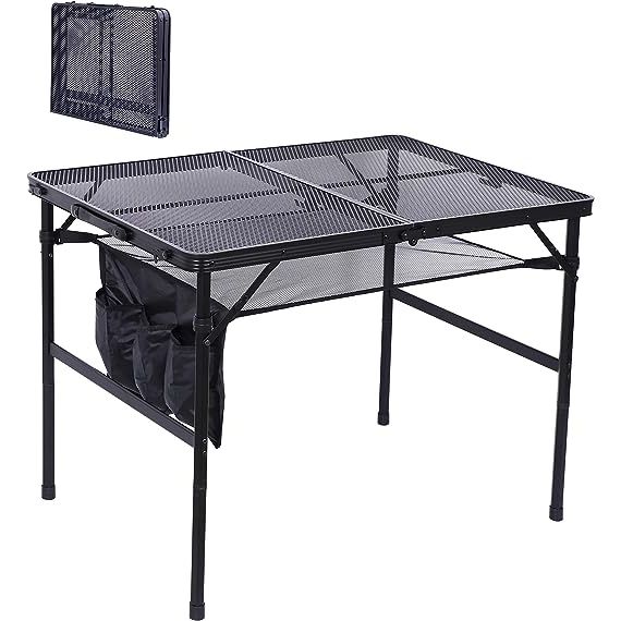 The dimensions of this table are folding size-23.7” x 17.7” x 3” and unfold size-35.5“ x 23.7” x 16.6“/26.4” (LxWxH), with a weight of just 8LBs. It comes with one tabletop, four extension legs, and one mesh plate. Get ready to enjoy the convenience and durability of this height adjustable table - order yours today! Description by ChatGPT.