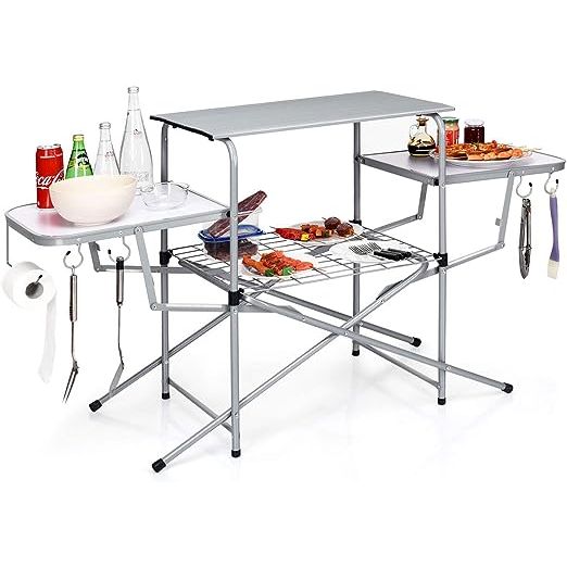 The GYMAX grill table is a convenient and portable outdoor cooking companion. Its one-piece foldable design allows for easy set up and break down, making it perfect for camping trips or other outdoor activities. With three spacious tabletops, a lower wire rack, four hanging hooks, and a paper towel holder, this table offers plenty of room for stori