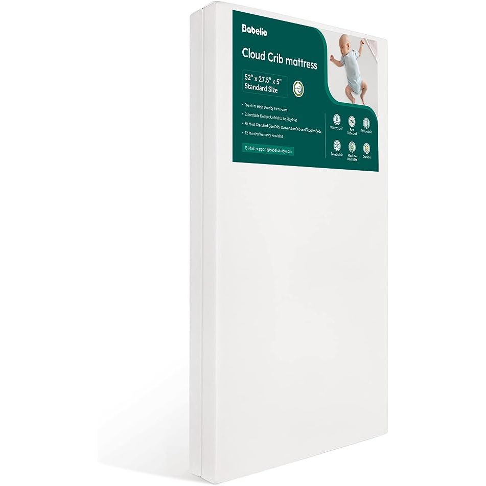 The BABELIO Versatile Crib Mattress is a high-quality baby mattress designed specifically for cribs. This mattress features an innovative extendable design, allowing it to grow with your child as they transition from infancy to toddlerhood. With its dimensions of 52" x 27.5" x 5", it fits perfectly in most standard-sized cribs.