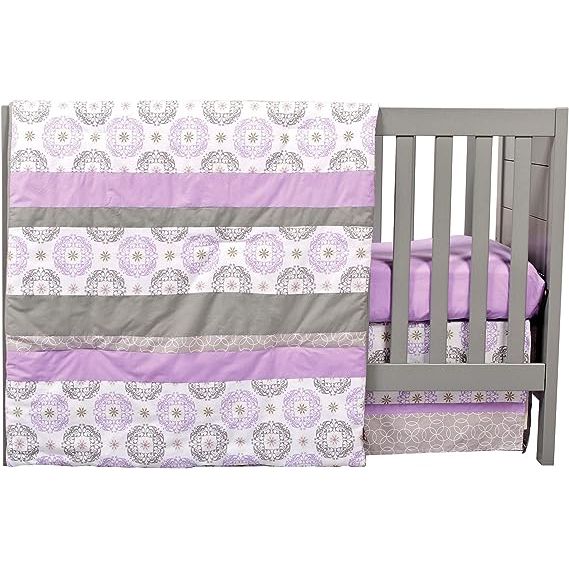 Introducing our Cotton Nursery Bedding Set, the perfect addition to any baby's nursery. This set features a fresh and lovely color combination of sweet lilac, soft gray, and crisp white, with accents of muted citron mint.