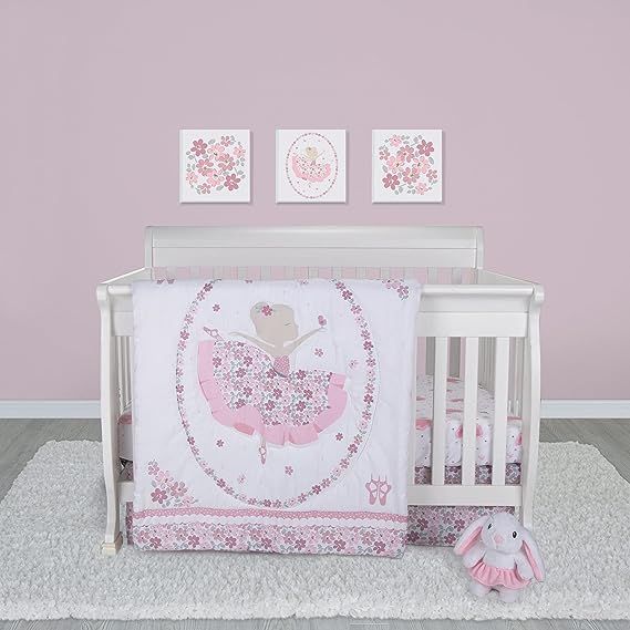 The Sammy & Lou Blooming Ballet 4 Piece Bedding Collection is a delightful set that will create a whimsical and charming nursery for your baby girl. This set includes a quilt, dust ruffle, fitted crib sheet, and a plush animal toy.
