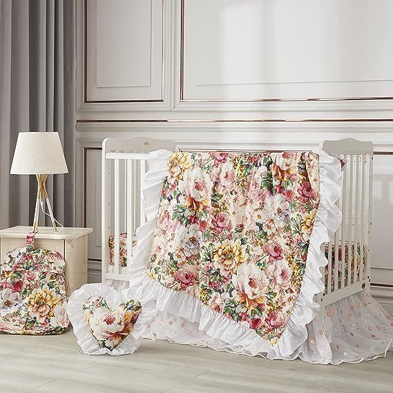 Brandream offers a delightful selection of crib bedding sets for girls, including their 3-piece cotton nursery baby bedding set. This particular set brings together a shimmering floral comforter, a crib sheet, and an embroidered flowers tulle lace crib bed skirt, all in a charming blush pink color scheme.