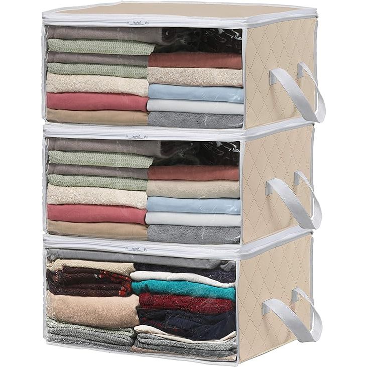 The Simple Houseware 3 Pack Foldable Closet Organizer is a convenient and practical solution for organizing your clothing and accessories. This clothing storage box comes in a neutral beige color and features a clear window that allows you to easily identify the contents without having to open it.