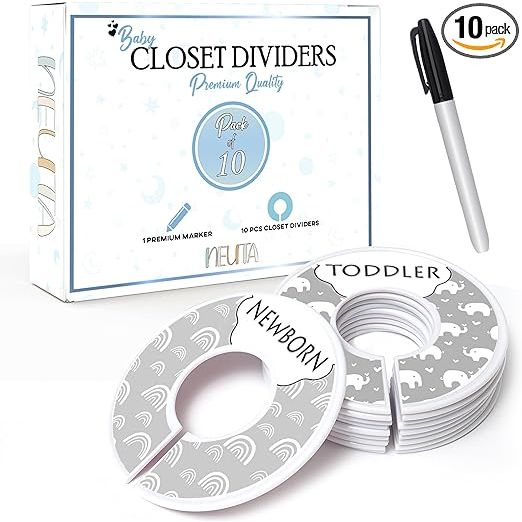 Introducing our stylish and practical clothes closet dividers, designed to keep your baby's wardrobe organized and within easy reach. With different sections for each age group, you can quickly grab the clothes you need without any fuss. These dividers also come with a marker so you can customize them to your liking.