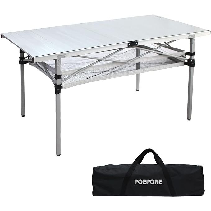 Introducing the versatile and convenient POEPORE Camping Table, a must-have for your outdoor and indoor activities. This table is perfect for family and friends gatherings, measuring 54.13*27.55*27.55 inches when unfolded and comfortably accommodating 4-6 people.