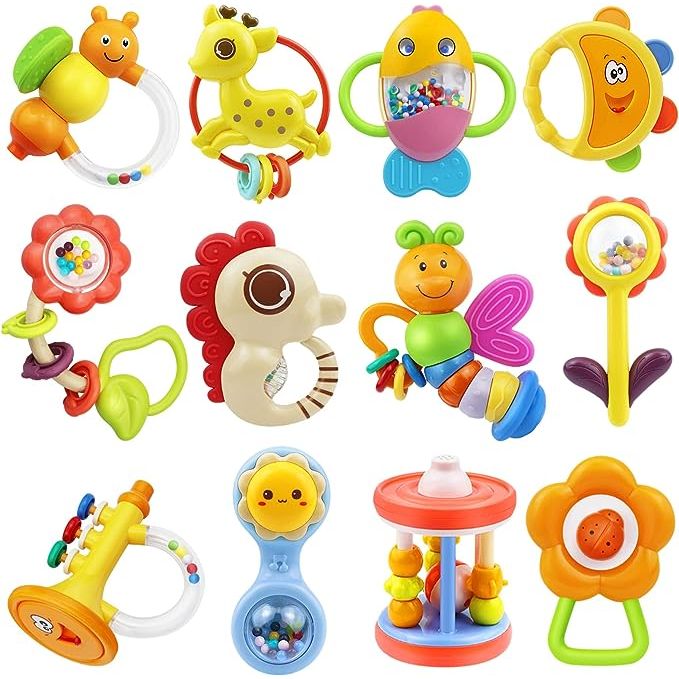 The Fantastic Rattles Teethers Set is the perfect gift for babies aged 0-12 months. This set includes 12 different styles of hand grasp rattle teether toys, such as bees, deer, sea horses, and fish. Each rattle has a different grip, cute shape, bright color, and funny sound to cater to the needs of babies in different development stages.