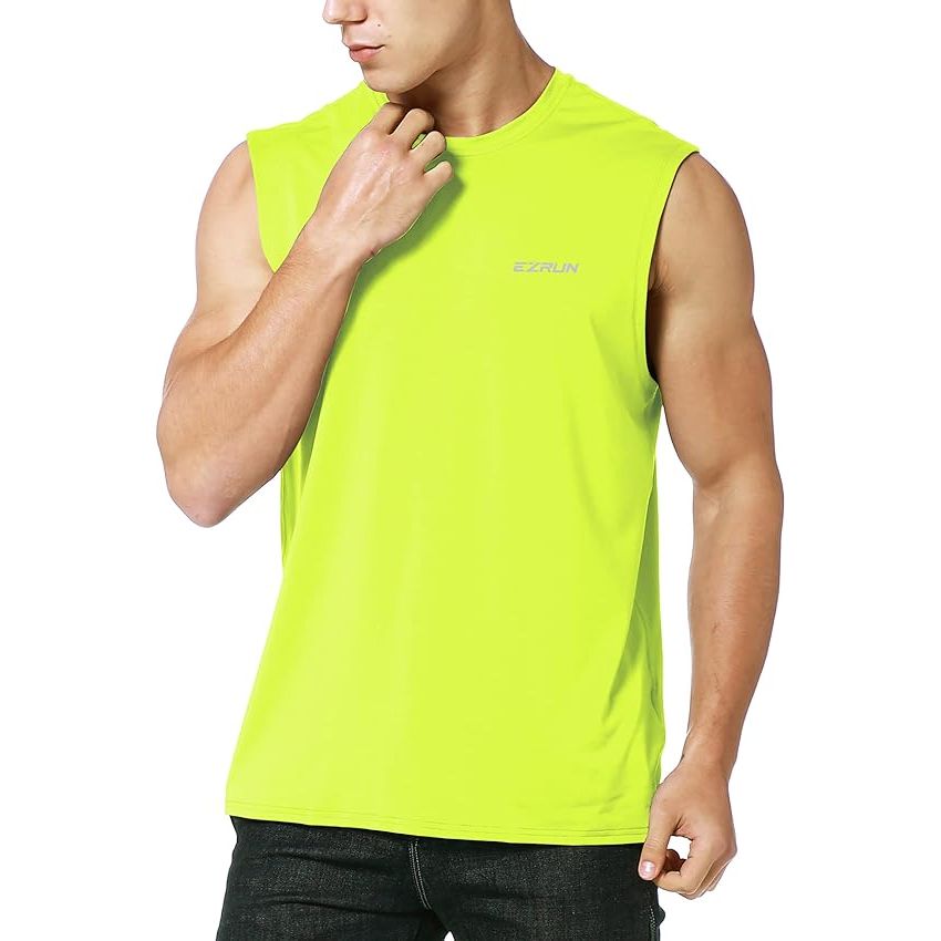 Upgrade your workout gear with our sleeveless workout shirt, expertly crafted from a premium blend of 90% polyester and 10% elastane. The innovative 4-way stretch construction ensures maximum flexibility and movement in any workout scenario, whether you're pumping iron at the gym or hitting the pavement for a run.