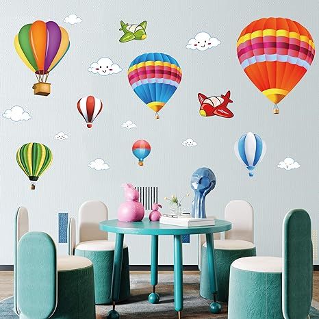 Introducing our Peel and Stick Hot Air Balloon Wall Decals! This set includes 4 sheets of decals, each measuring 12"x18", with a finished size as displayed in the picture: 39.6"x59.2". The set features various sized hot air balloon designs, ranging from 14.4"x17.6" to 7.5"x5.5", as well as an aircraft measuring 5.1"x6.9".