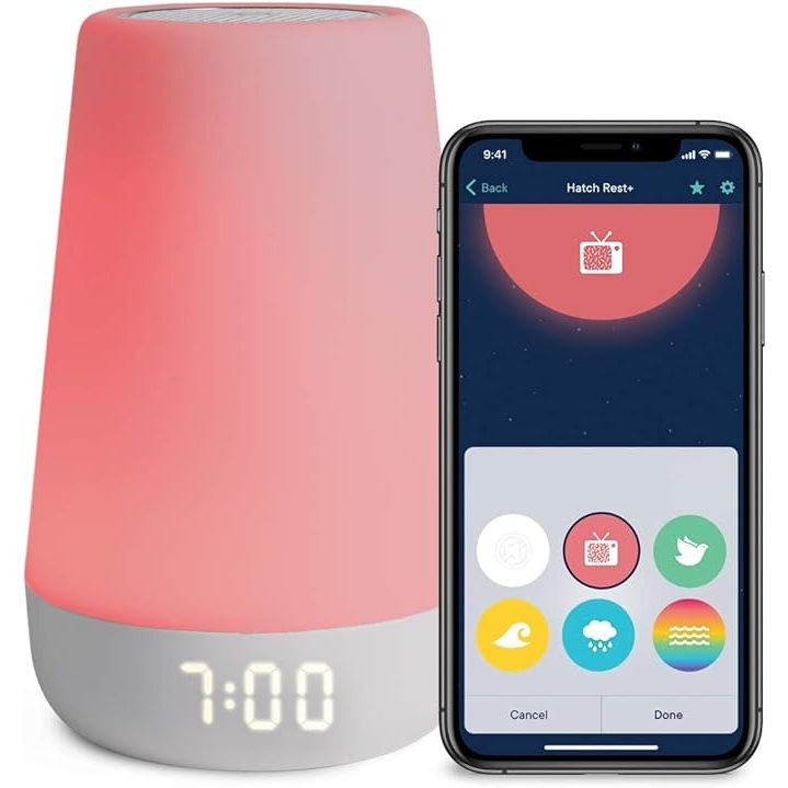 The Hatch Rest+ 1st Gen is a versatile and innovative device designed specifically for babies and toddlers. It functions as a baby sound machine, night light, time-to-rise audio monitor, white noise soother, toddler sleep trainer, kids alarm clock, and nightlight.